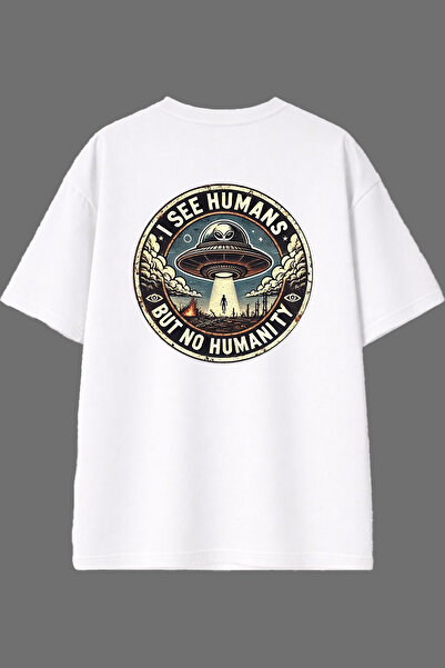VSRN Tricou alb oversize cu imprimeu pe spate I See But No Tasarım