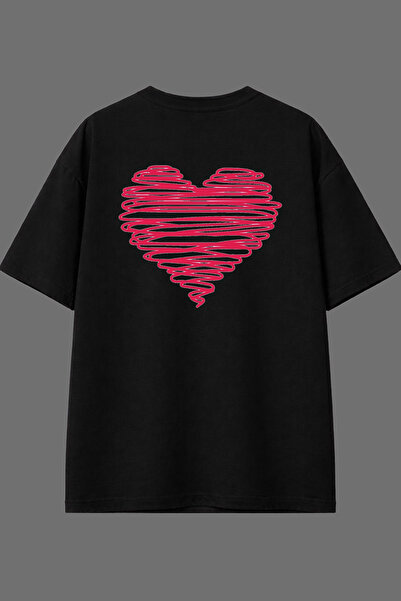 VSRN Μπλουζάκι με σχέδιο Heart Lines και στάμπα στην πλάτη, μαύρο, oversized