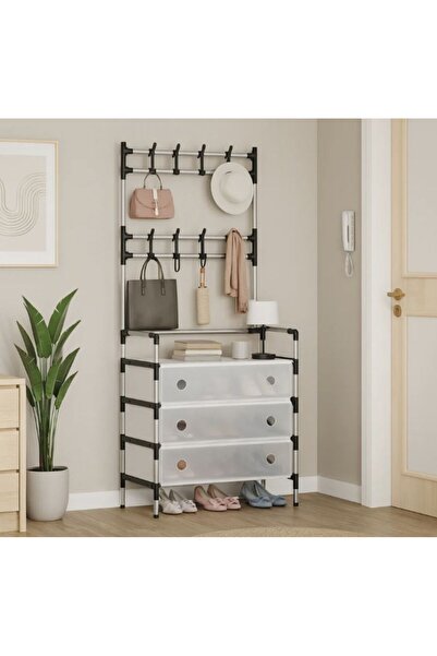 OEM Multifunctional hanger with shoe shelf, 3 levels, 8 double hooks, metal s...