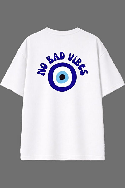 VSRN Tricou oversize alb cu imprimeu pe spate, design No Bad Vibes