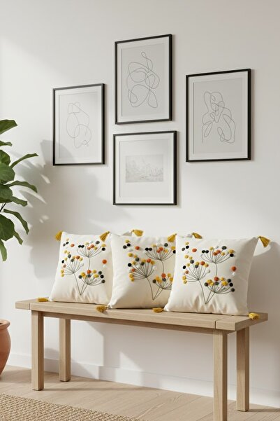 SİMEREV HALI HOME CONSEPT Punch Embroidered 3-Piece Cream Fabric Tasseled Wov...