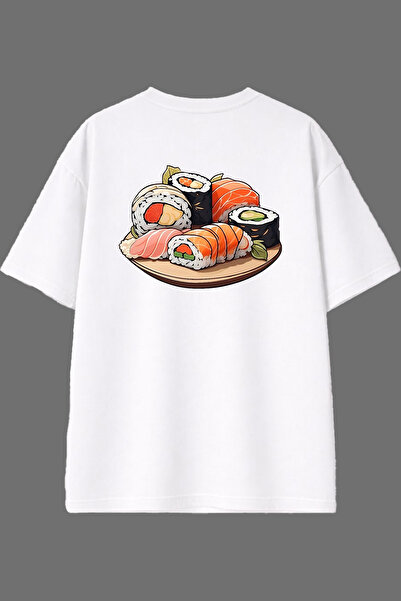 VSRN تي شيرت أبيض كبير الحجم بتصميم طبق السوشي وطباعة خلفية