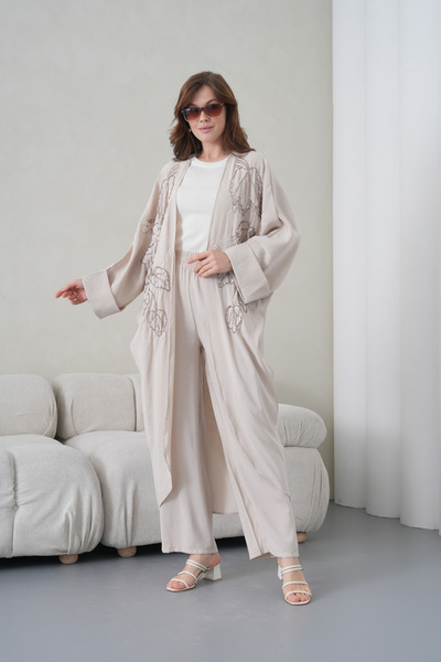Miss Allos Women's Front Embroidered Beaded Linen Kimono Cardigan and Pants T...