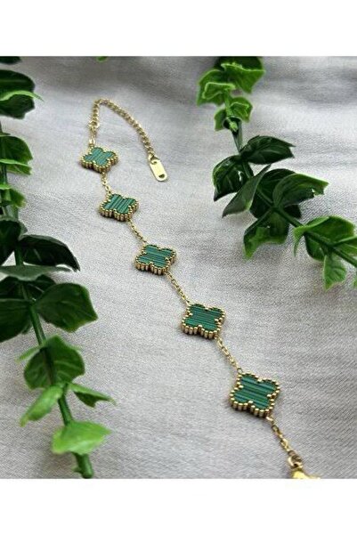 Kolyesepetim Yonca Desenli Zümrüt Yeşili Gold Renkli Çelik Kolye