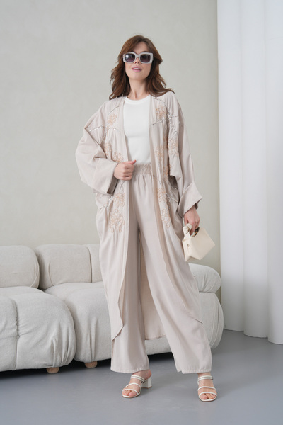 Miss Allos Women's Front Embroidered Beaded Linen Kimono Cardigan and Pants T...