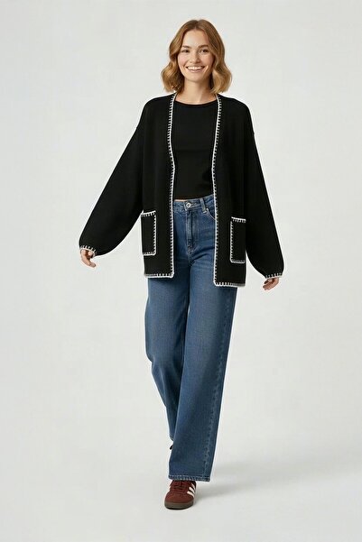 ilmek 25104 Women's Shepherd Cardigan with Stitching Detail and Pockets, Black