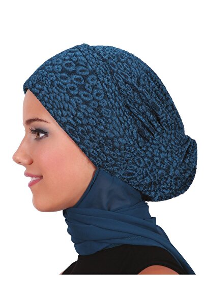 elysianfidan Knotted Scarf Brocade Petrol Ready-To-Wear Turban Hijab Bonnet S...