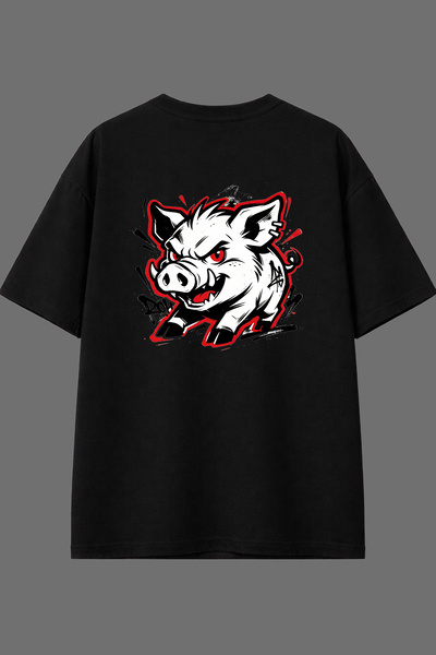 VSRN Red Pig Design Back Printed Black Oversize T-Shirt