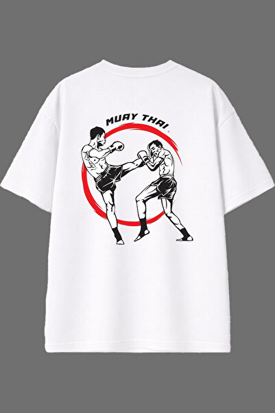 VSRN تي شيرت أبيض كبير الحجم بتصميم Muay Thai 2 مطبوع من الخلف