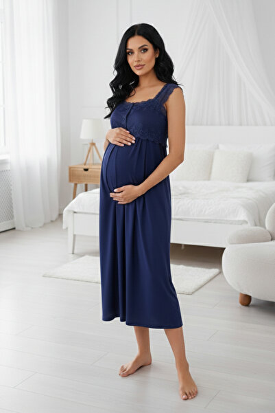 lohusahamile Lace Detailed Summer 100% Cotton Maternity Nightgown
