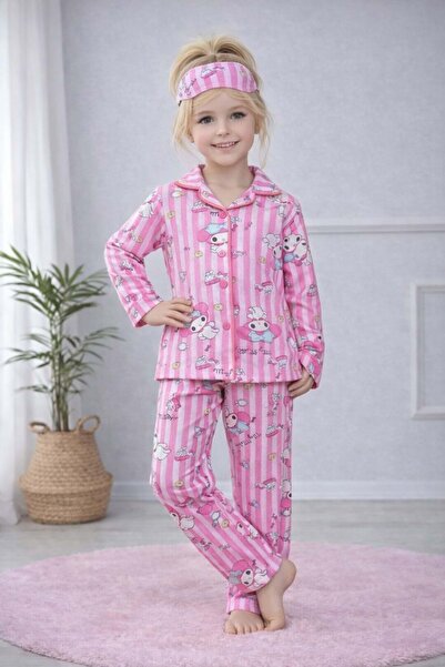 Lolliboomkids Girl's Pink Color Patterned - Striped Pajama Set - Pink - 11-12...