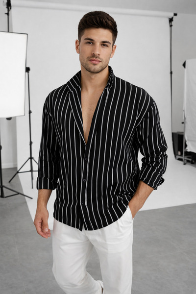 COOL TARZ Men's Black and White Double Striped Regular Relaxed Fit Long Sleev...