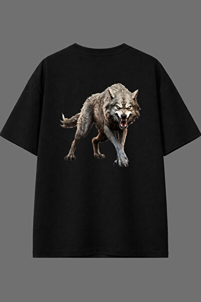 VSRN تي شيرت أسود كبير الحجم بتصميم ويلد وولف مطبوع من الخلف