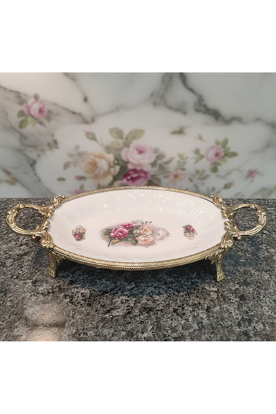 Furkan Decorative Bronze Antique Metal Legs Oval Flower-Patterned Porcelain P...