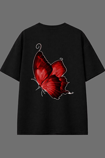 VSRN Tricou oversize negru cu imprimeu la spate cu design Fluture Roșu