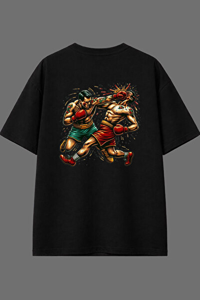 VSRN تي شيرت أسود كبير الحجم بتصميم كيك بوكس ​​1 مطبوع من الخلف