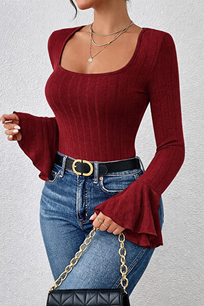 MOONBULL Kadın Kalın Fitilli Esnek Kumaş Kare Yaka İspanyol Kol Detaylı Bluz