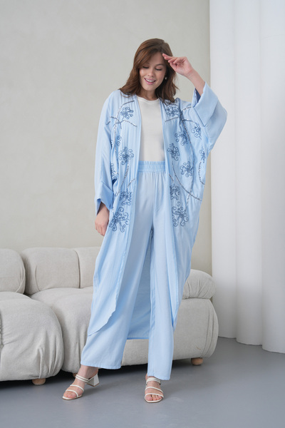 Miss Allos Women's Front Embroidered Beaded Linen Kimono Cardigan and Pants T...