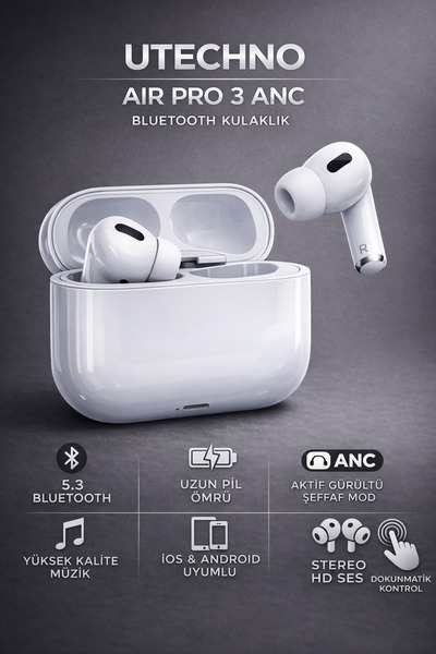 utechno Air Pro 3 Anc Gürültü Engelleyici 2026 Kablosuz Bluetooth Kulaklık Do...