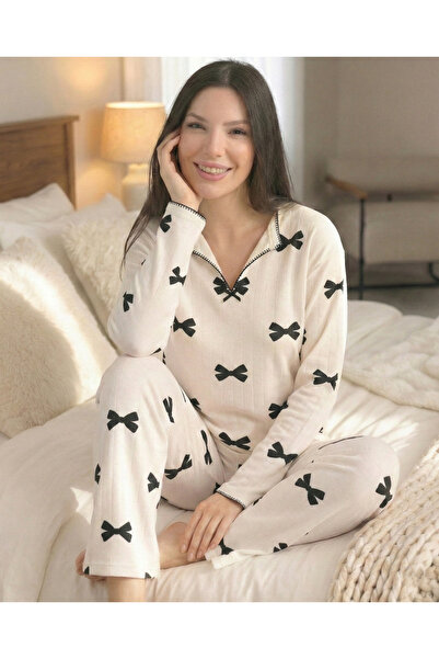 Arvin Pijama Women's Ribbon Patterned Soft Textured Fleece-Lined Winter Cotto...