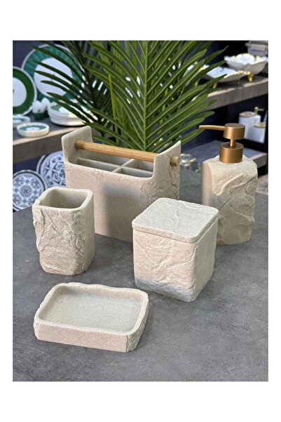 Doğudeko Luxury Polyurethane Elya 5-Piece Bathroom Set Beige