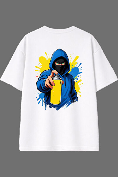 VSRN Tricou oversize alb cu imprimeu pe spate, design Graffiti Blue
