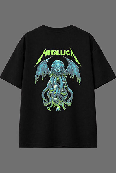 VSRN تي شيرت أسود كبير الحجم بتصميم ميتاليكا أخضر مع طباعة خلفية
