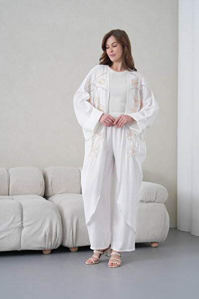 Miss Allos Women's Front Embroidered Beaded Linen Kimono Cardigan and Pants T...