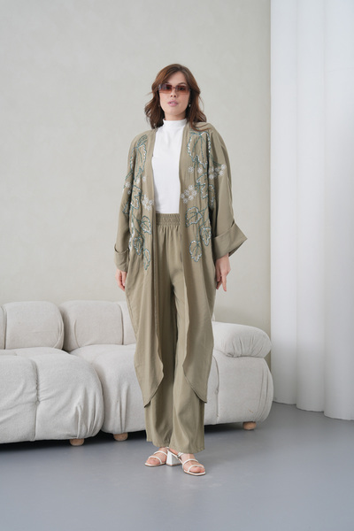 Miss Allos Women's Front Embroidered Beaded Linen Kimono Cardigan and Pants T...