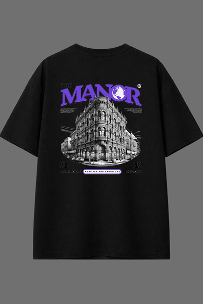 VSRN تي شيرت أسود كبير الحجم بتصميم The Manor مطبوع من الخلف