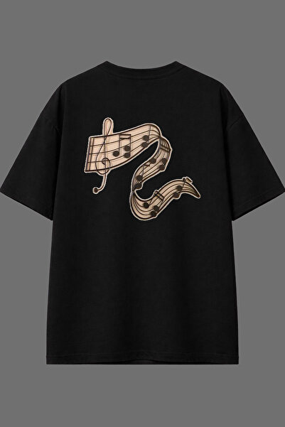 VSRN تي شيرت أسود كبير الحجم بتصميم نوتات موسيقية مطبوعة من الخلف
