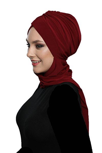 elysianfidan Kardelen Scarf Lined Claret Red Ready Scarf Hijab Pool and Outdo...