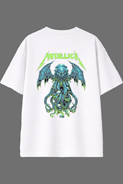 VSRN تي شيرت أبيض كبير الحجم بتصميم ميتاليكا باللون الأخضر وطباعة خلفية
