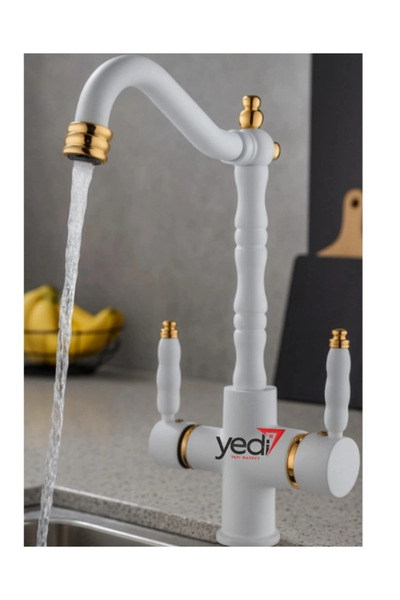 Fualora صنبور مطبخ ريفي مطلي باللون الأبيض الذهبي