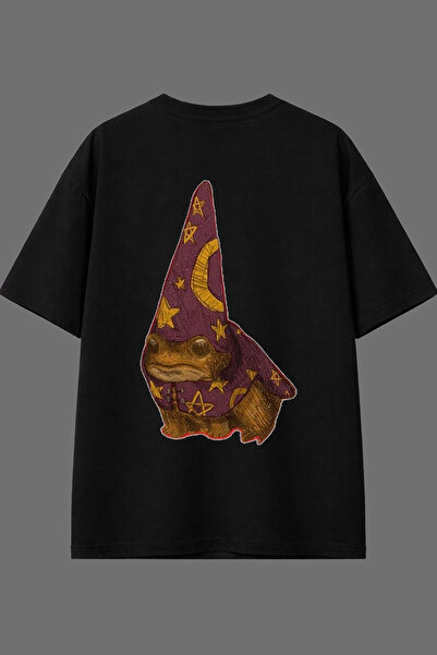 VSRN تي شيرت أسود كبير الحجم بتصميم الضفدع الساحر وطباعة خلفية