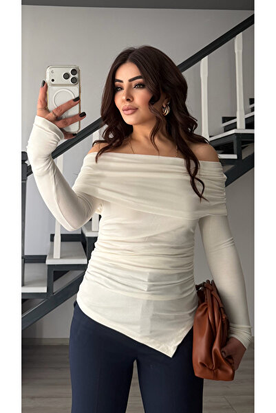 Oslove Ecru Asymmetrical Cut Madonna Collar Blouse