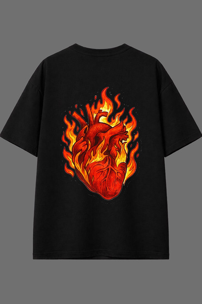 VSRN تي شيرت أسود كبير الحجم بتصميم قلب في الألسنة النارية وطباعة خلفية
