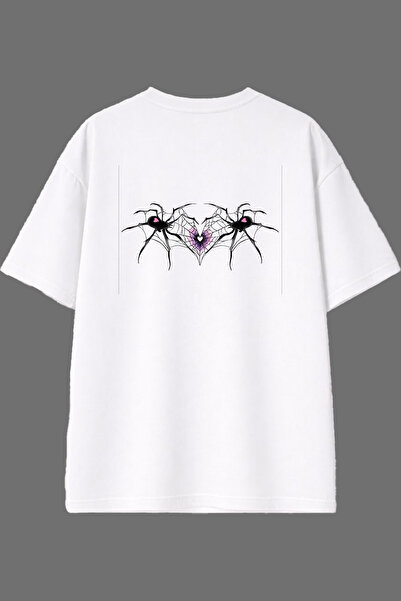 VSRN 2 تي شيرت أبيض كبير الحجم بتصميم قلب العنكبوت وطباعة خلفية