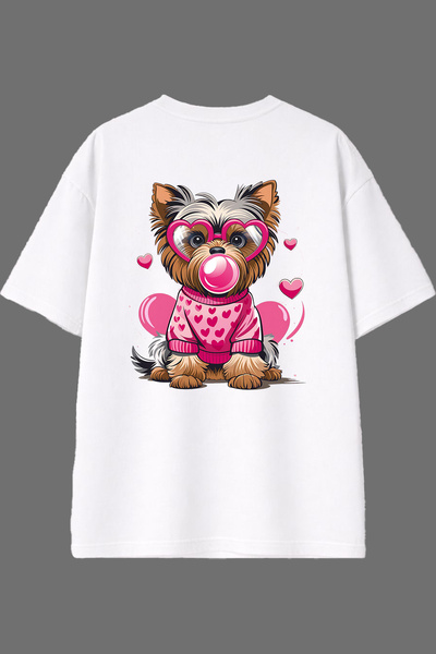 VSRN تي شيرت أبيض كبير الحجم بتصميم كلب من Tatlış مع طباعة على الظهر