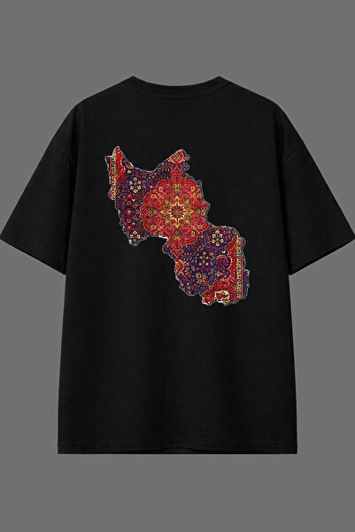 VSRN تي شيرت أسود كبير الحجم بتصميم سجادة عرقية مطبوعة من الخلف