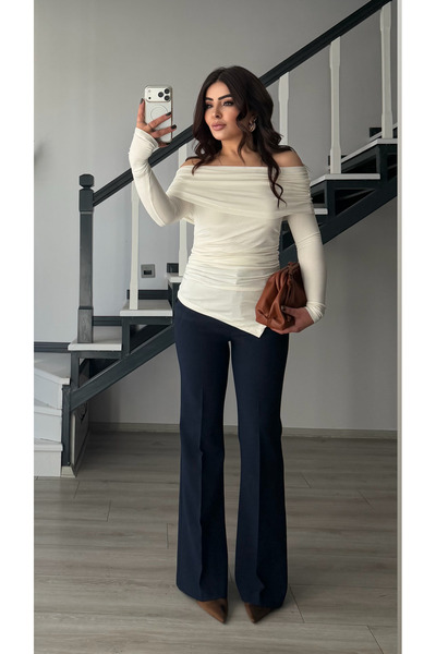 Oslove Navy blue Flared fabric trousers