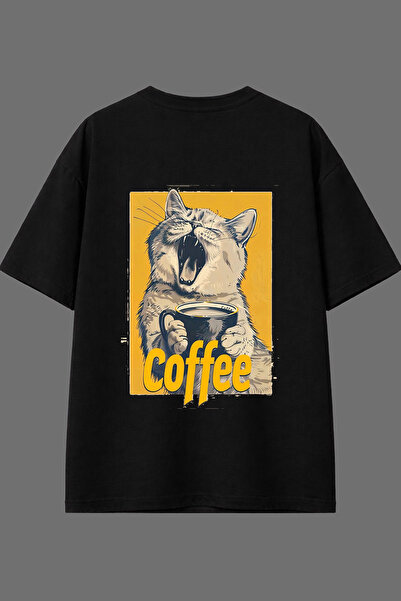 VSRN Tricou oversize negru cu imprimeu pe spate Cat Coffee Design