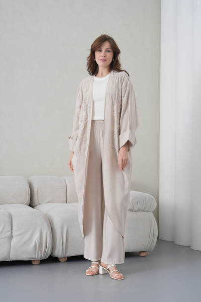 Miss Allos Women's Front Embroidered Beaded Linen Kimono Cardigan and Pants T...