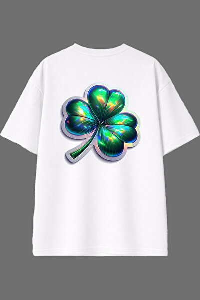 VSRN تي شيرت أبيض كبير الحجم بتصميم 3 أوراق البرسيم وطباعة خلفية