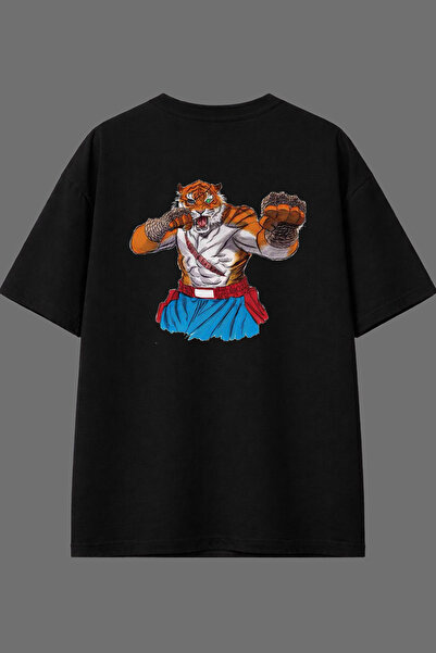 VSRN Tricou negru oversize cu imprimeu pe spate Angry Tiger Design