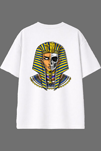 VSRN تي شيرت أبيض كبير الحجم بتصميم هيكل عظمي مصري مطبوع من الخلف