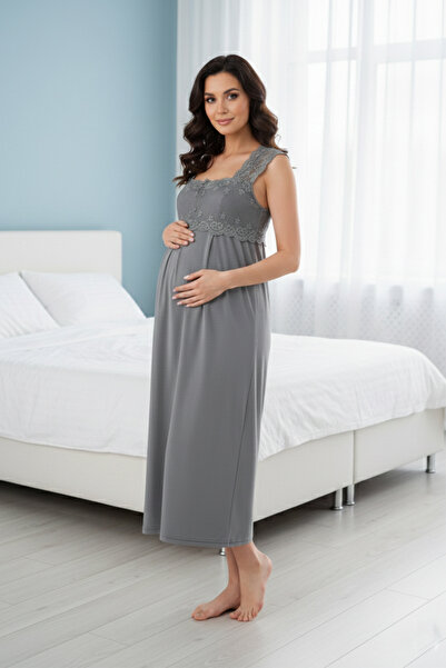 lohusahamile Lace Detailed Summer 100% Cotton Maternity Nightgown