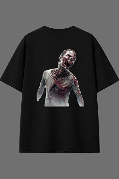 VSRN تي شيرت أسود كبير الحجم بتصميم زومبي آدم مطبوع من الخلف