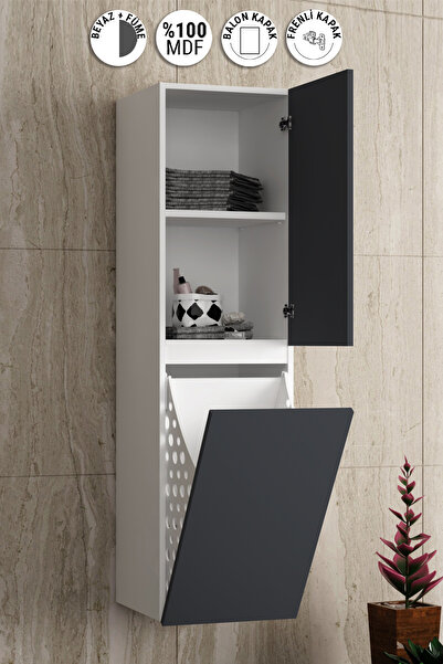 ÖZCEDEN Yıldız 35*130 cm Beyaz-Füme Balon MDF Asma Sepetli Banyo Boy Dolabı