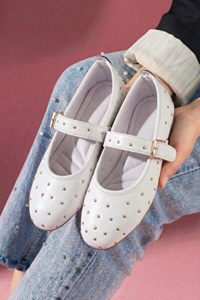 FUGA MODA Kroma White Leather Metal Mini Trocley Belted Premium Ballerinas